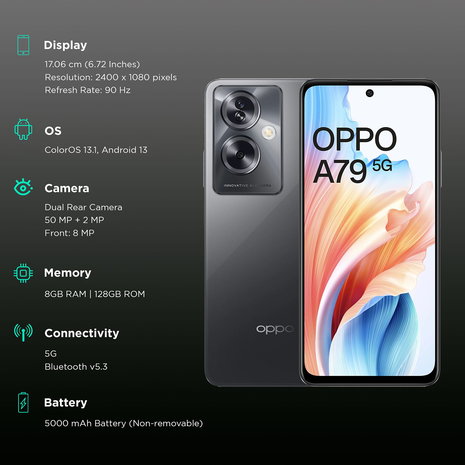 Buy oppo A79 5G (8GB RAM, 128GB, Mystery Black) Online - Croma